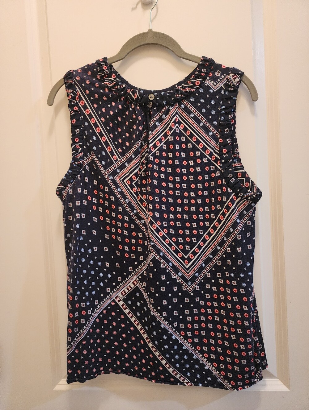 LOFT Navy Printed Sleeveless Ruffle Neck Camisole